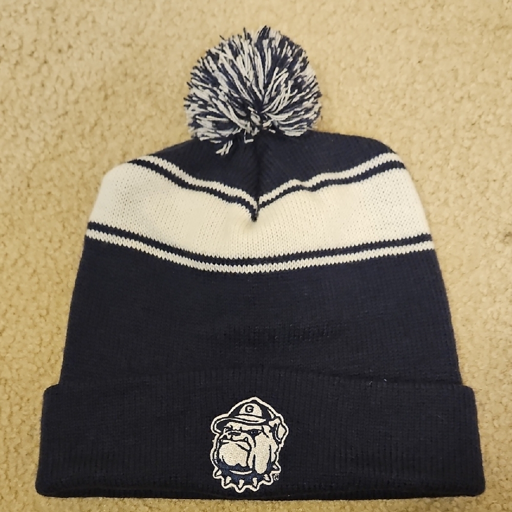 Navy and White Beanie with Bulldog Logo